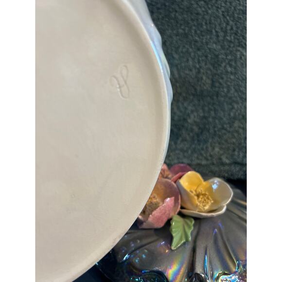 Black Luster Covered Bowl with Ceramic Flowers on Top MCM - Picture 7 of 8